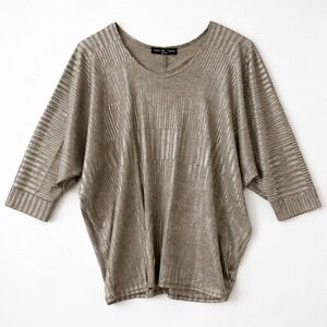 Silver Metallic Top Batwing Dolmen Sleeves Knit Scoop Neck Glam Shiny sz M